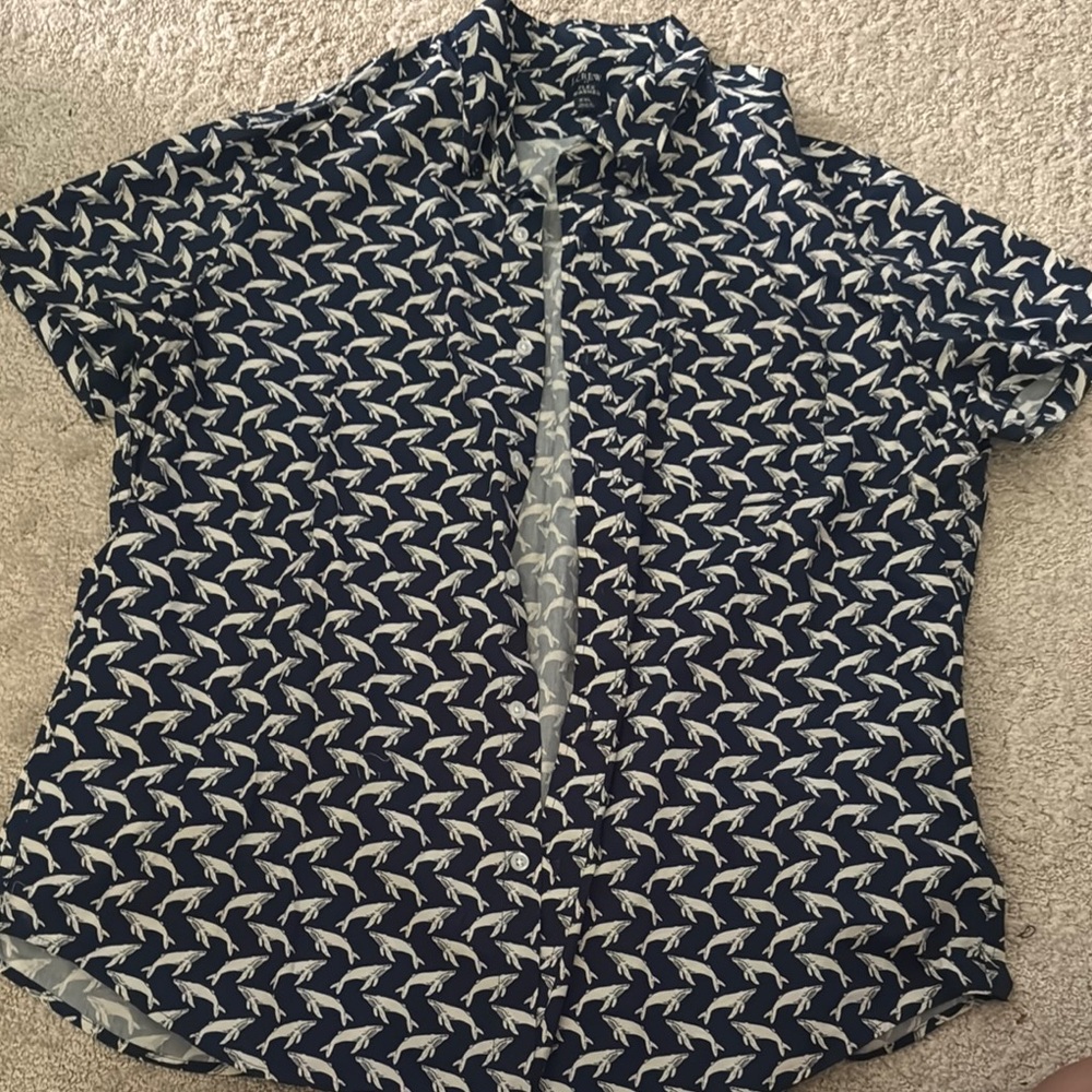 J. Crew Whale Print Navy and White Shirt